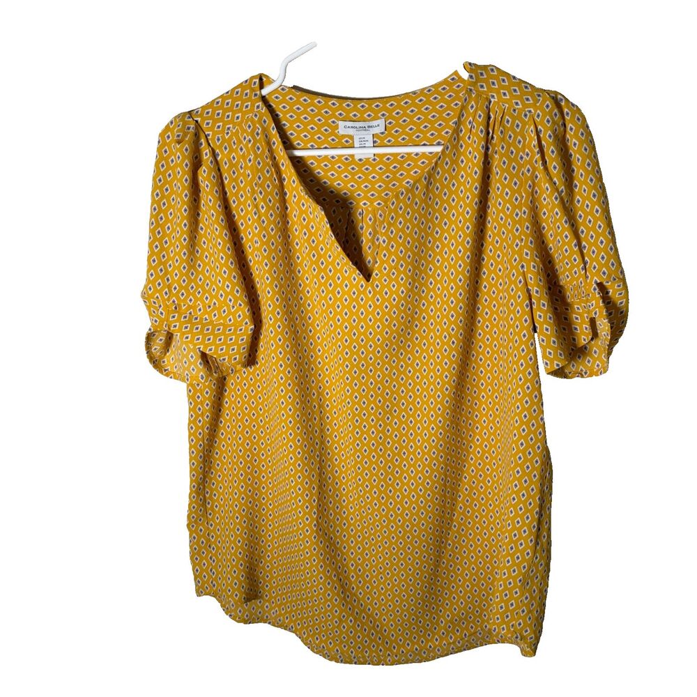 Carolina Belle Blouse Women's Medium Mustard V-Neck Puff Sleeve Lightweight
